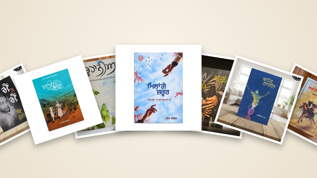 Collage of bestselling Punjabi books fanned on a warm background