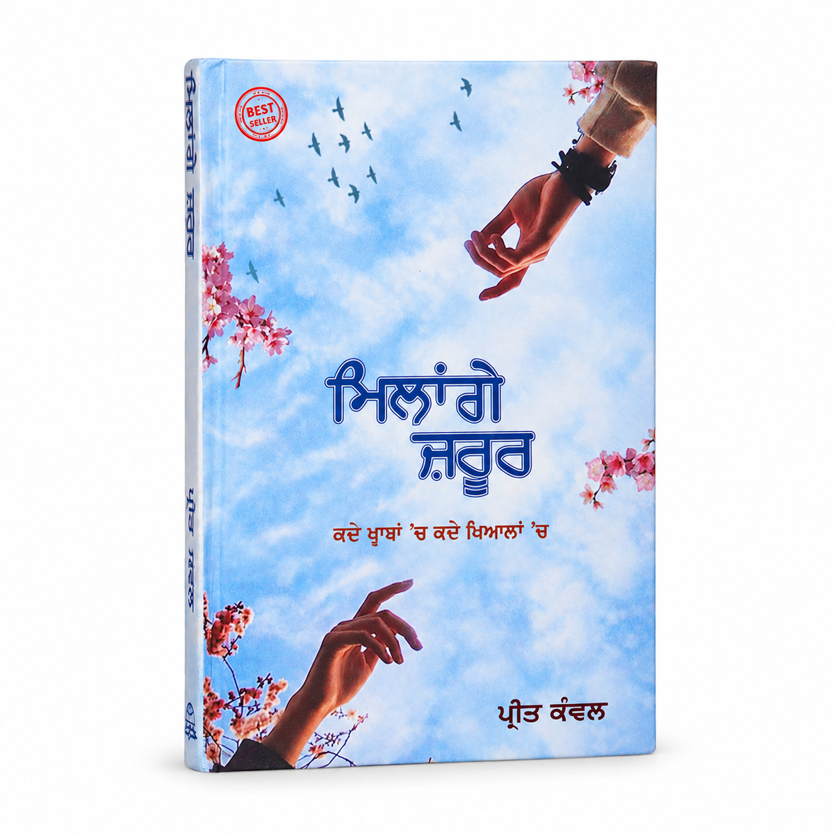 Angled view of Milange Zaroor by Preet Kanwal, showing the blue Punjabi book cover and spine on a white background.